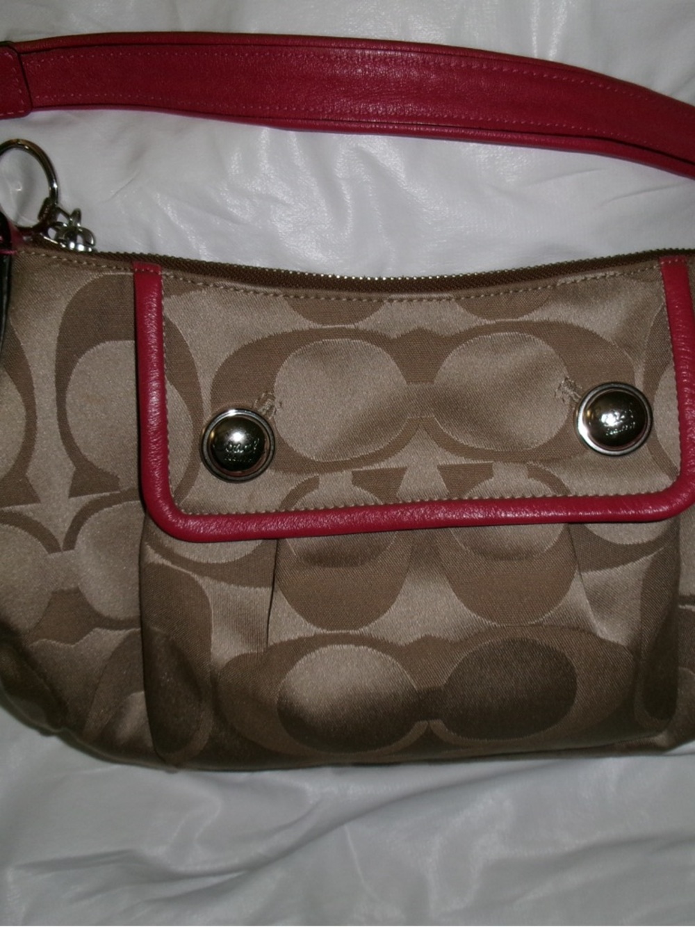 Coach Khaki Signature Canvas Shoulder Bag with PINK Trim